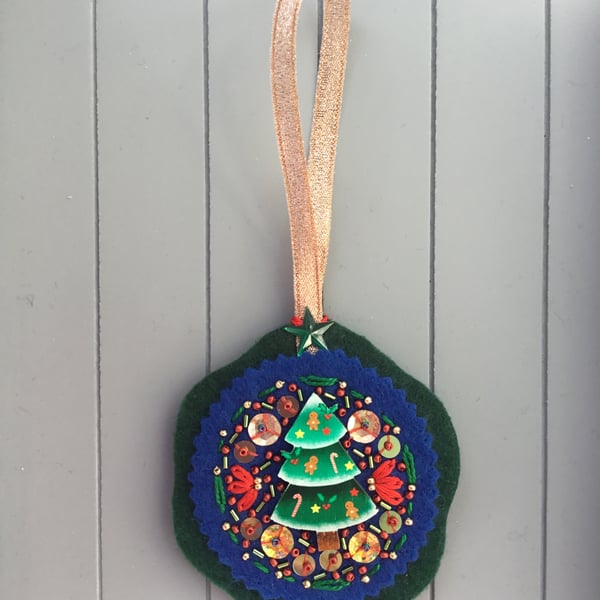 Hand Embroidered Gingerbread Tree Decoration 