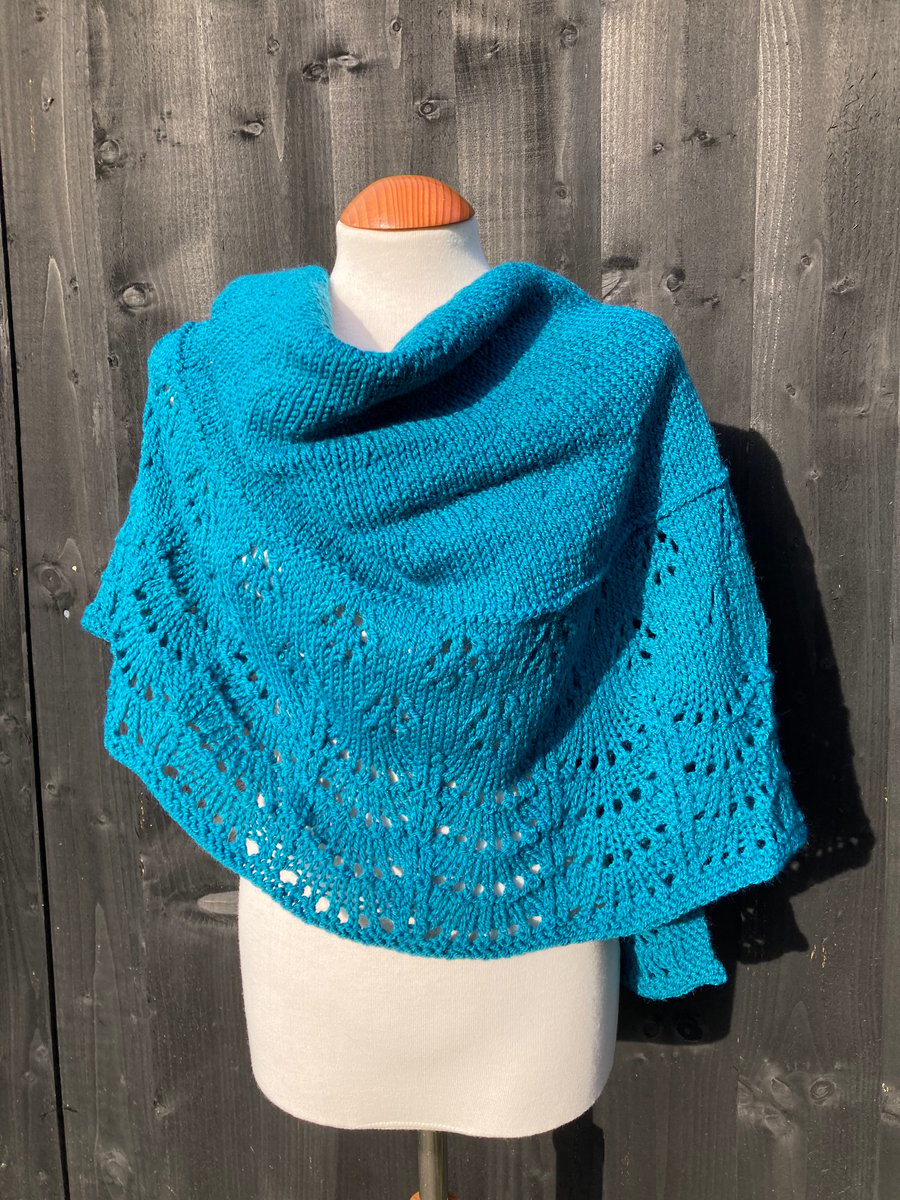 Unique Hand Knitted Crescent Lace Shawl in Teal Soft Yarn 