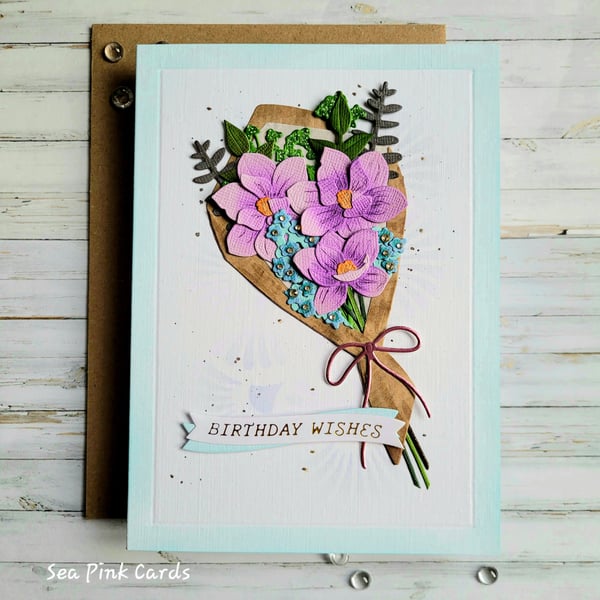 Bouquet Birthday Card - handcrafted birthday card, flowers, textured, 3D