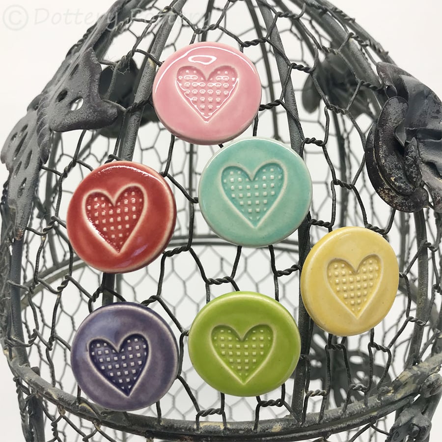 Set of six bright ceramic heart magnets pottery fridge magnet 