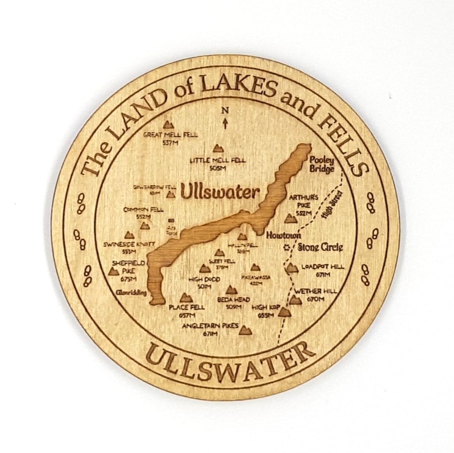 Ullswater Lakes and Fells Round Wooden Laser Etched Coaster