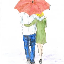 Together. Original Painting. Couple walking under an umbrella