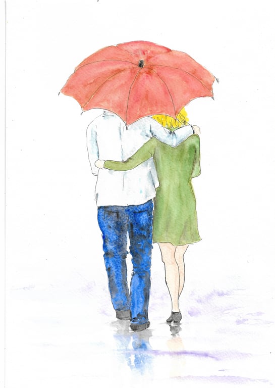 Together. Original Painting. Couple walking under an umbrella