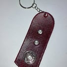 Red dyed Leather Keyring on chain with 3 White Gemstones & Florentine design
