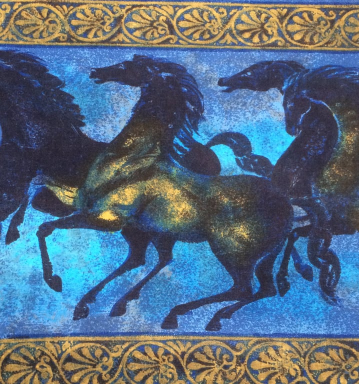 LARGE ONLY Ancient Greece Horses Blue 50s 60s MCM Vintage Fabric Lampshade