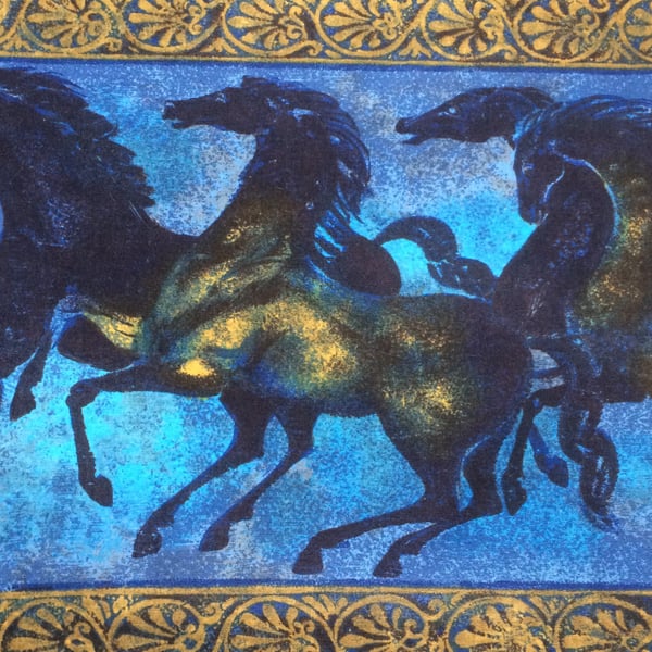 LARGE ONLY Ancient Greece Horses Blue 50s 60s MCM Vintage Fabric Lampshade