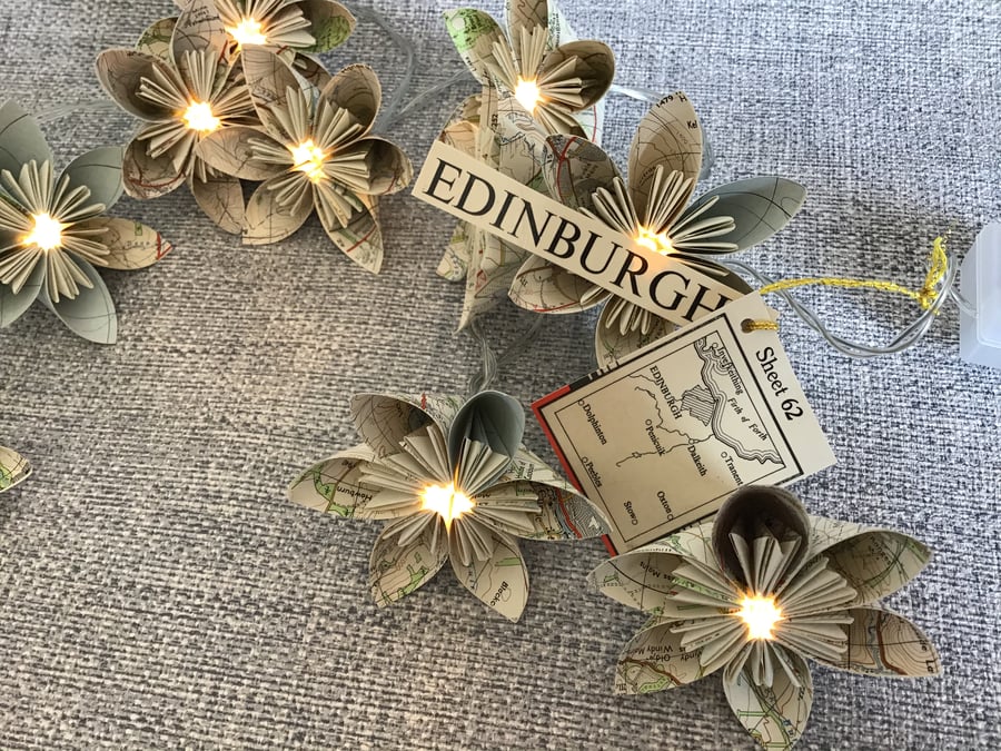 Vintage Map Paper Flower Fairy Lights - Edinburgh