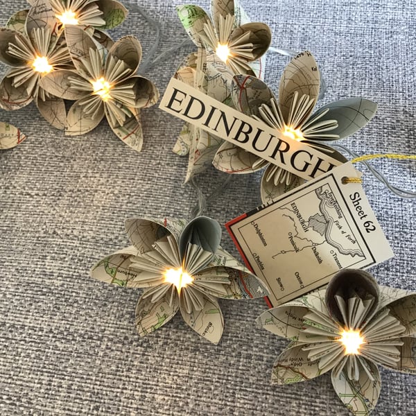 Vintage Map Paper Flower Fairy Lights - Edinburgh