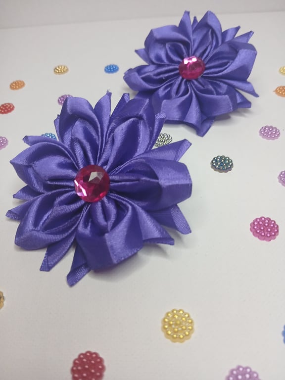 Dark Purple Satin Ribbon Bobbles with Pink Rhinestone, Kids Party Hair Bows