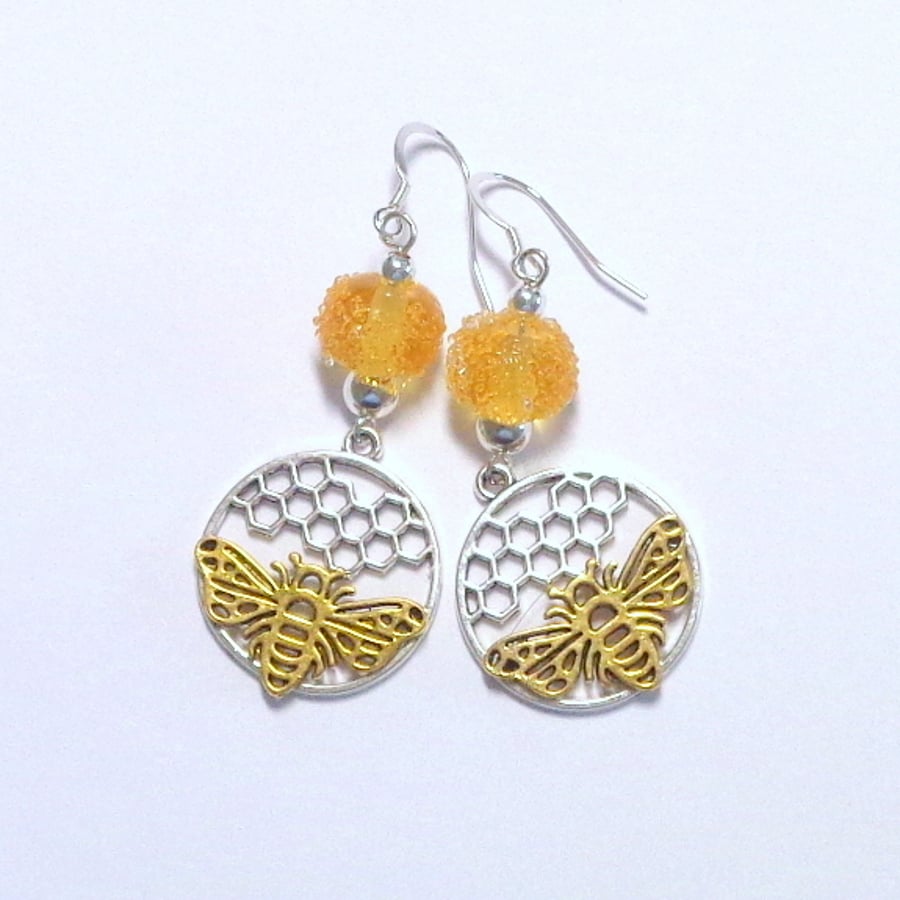 Lampwork honey bead with bee and honeycomb charm drop earrings 