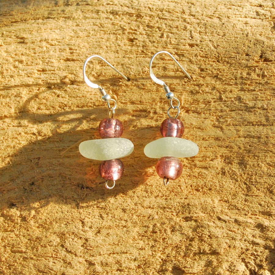Sea glass earrings with dusky pink beads