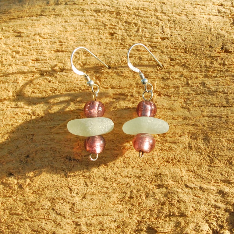 Sea glass earrings with dusky pink beads