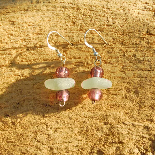 Sea glass earrings with dusky pink beads