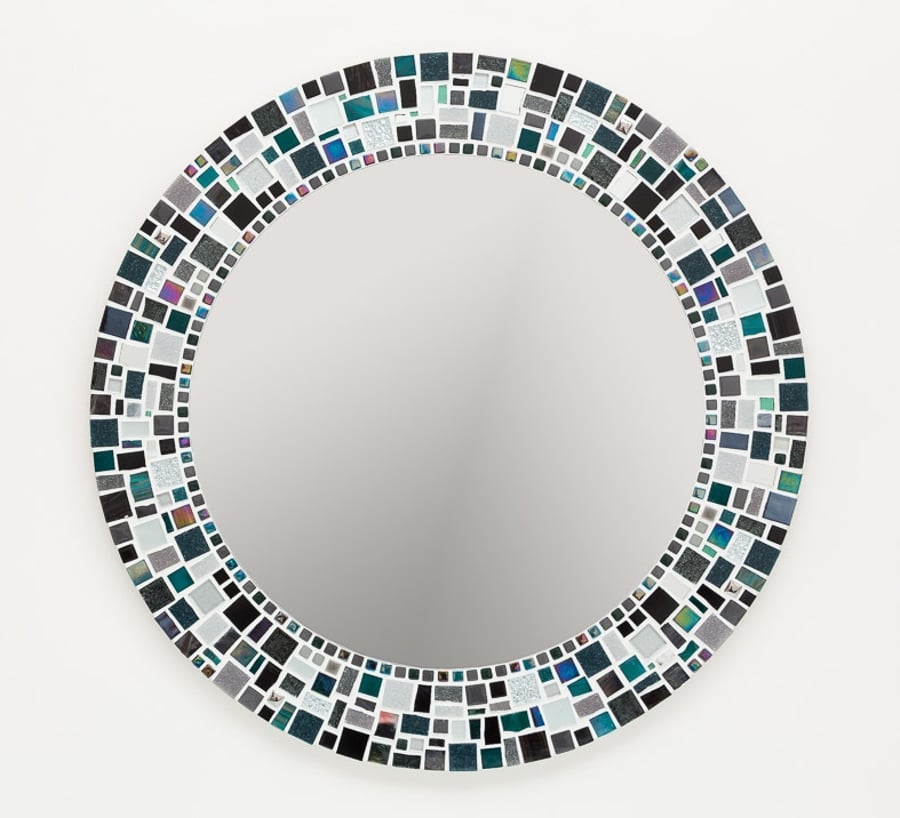 Mosaic Wall Mirror in Black, Silver & Teal, Round Bathroom Mirror