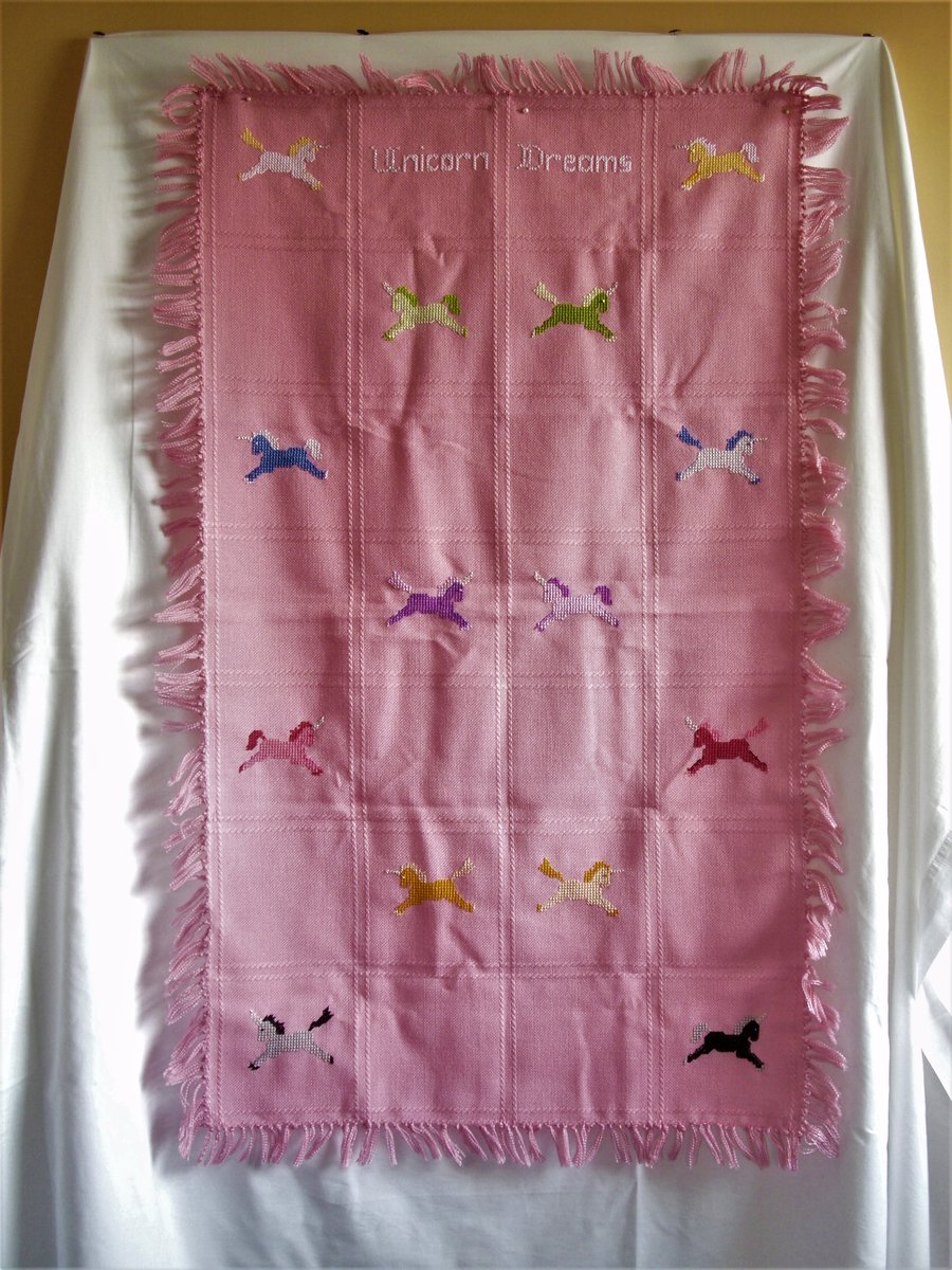 Afghan, shawl, 'Unicorn Dreams', hand embroidered