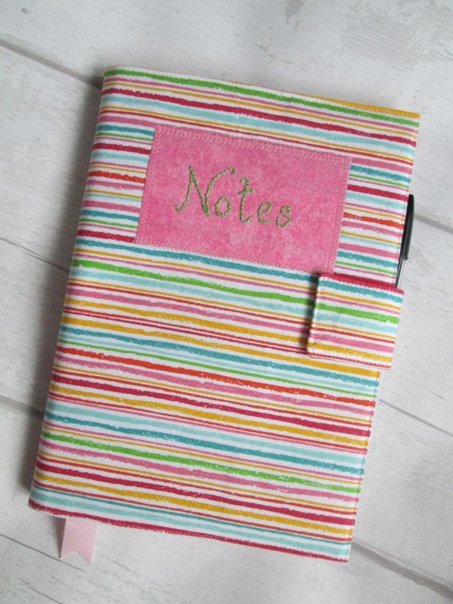 SOLD - A5 Reusable Notebook Cover - Tutti Fruitti Multicolour Stripe