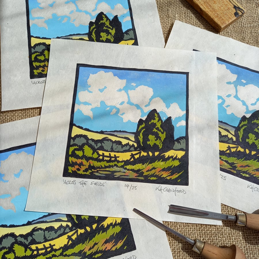 Across the Fields - Original hand printed summer landscape colour lino print