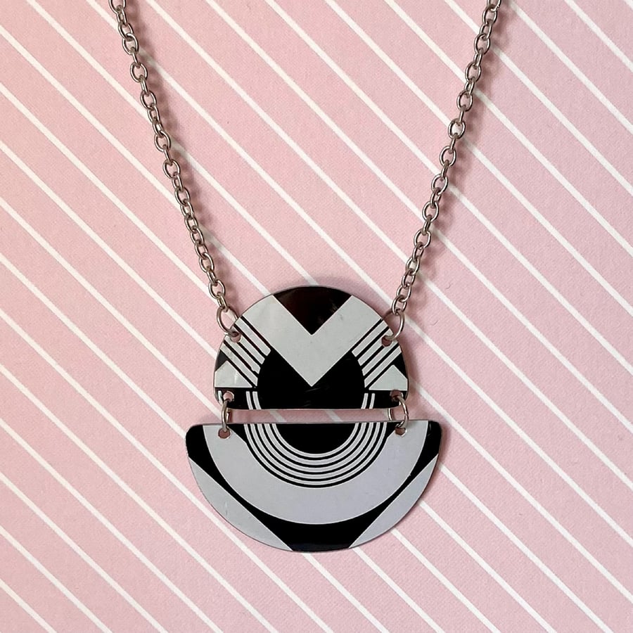 Recycled vintage tin Bauhaus retro monochrome semi circles pendant necklace