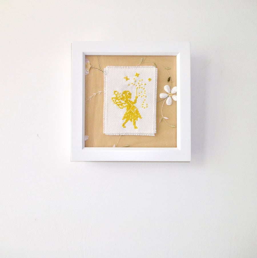 Yellow Fairy Hand Embroidered Floral Framed Picture 