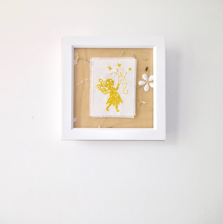 Yellow Fairy Hand Embroidered Floral Framed Picture 