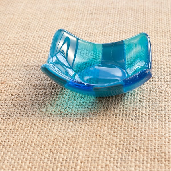 Cute Fused Glass Blue Striped Mini Ring Candle Dish