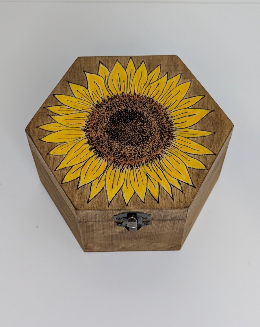 Pyrography sunflower wooden storage box,  trinket box, jewellery box