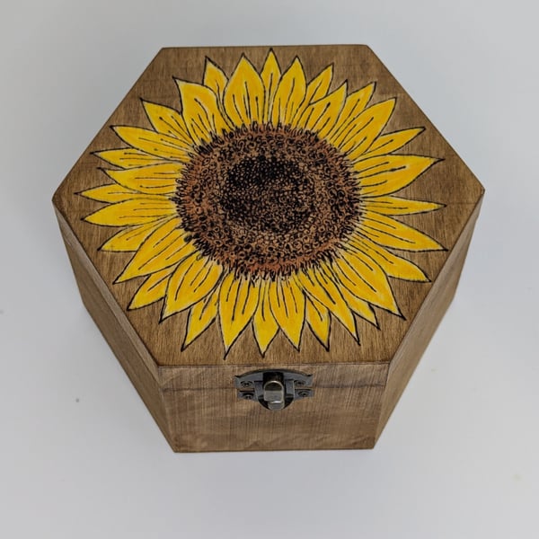 Pyrography sunflower wooden storage box,  trinket box, jewellery box