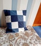 Patchwork cushion cover. Navy blue, mid blue and white cushion cover - Image 3