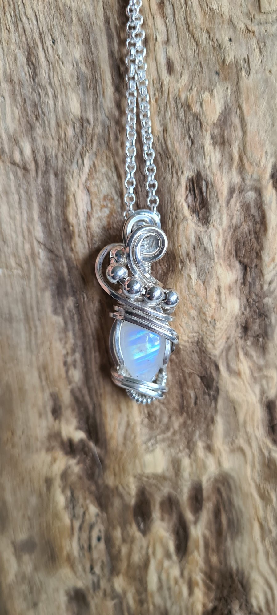 Handmade Natural Rainbow Moonstone & 925 Silver Necklace Pendant Crystal Gift