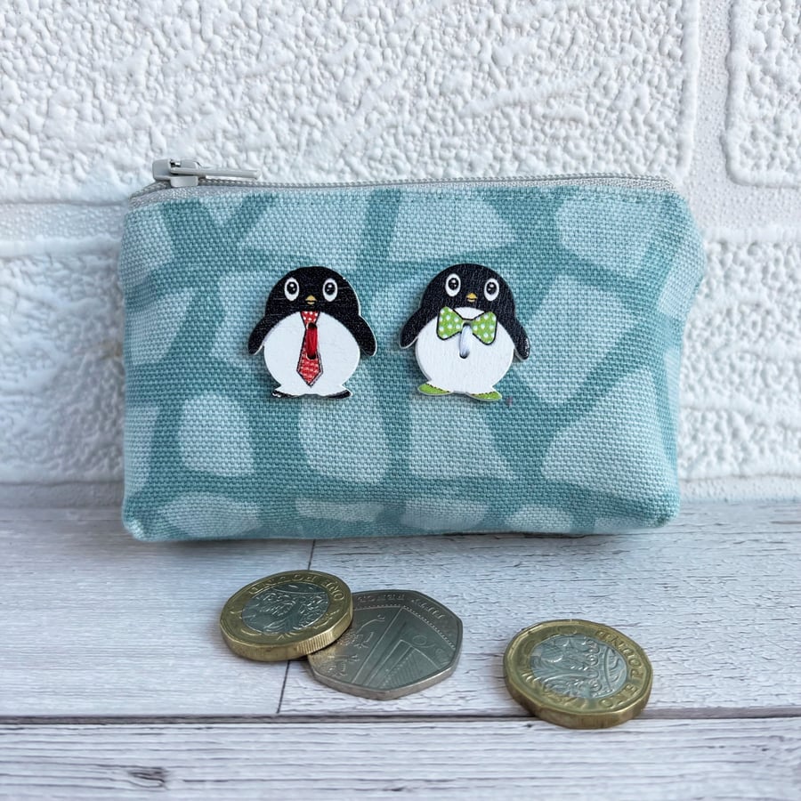 Small Purse, Coin Purse with Wooden Penguin Buttons