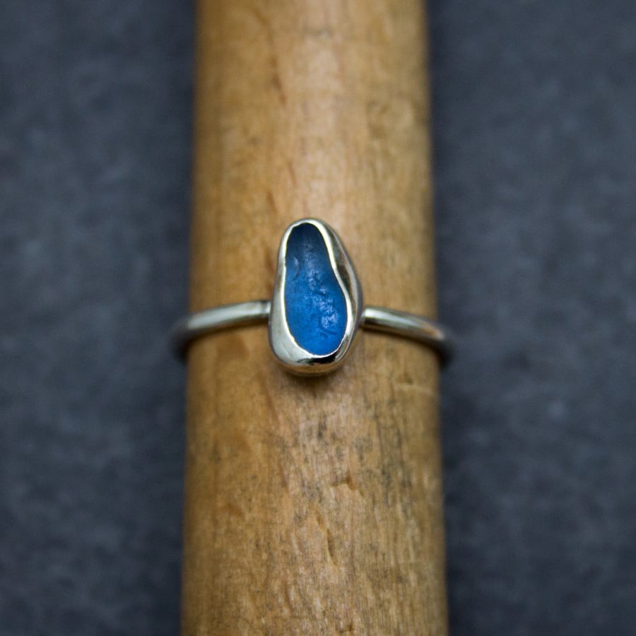 Blue Sea Glass and Recycled Sterling Silver Stacker Ring