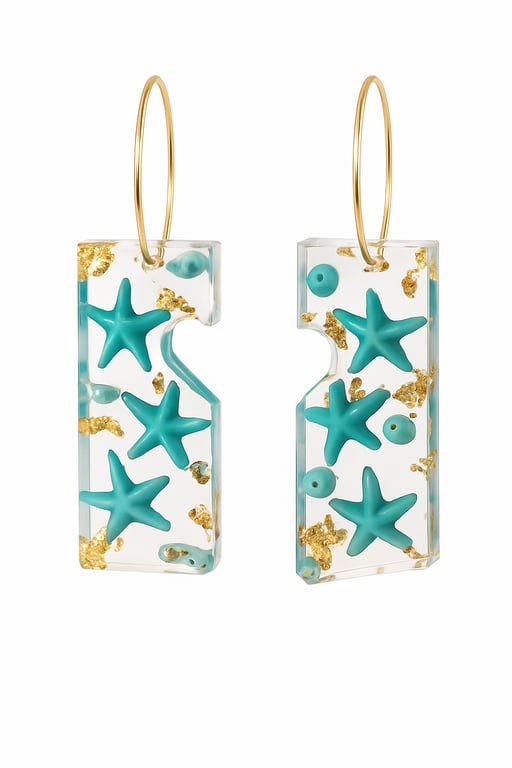 Blue Starfish Rectangle Asymmetrical Resin Earrings with Gold Leaf Hoops