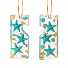 Blue Starfish Rectangle Asymmetrical Resin Earrings with Gold Leaf Hoops