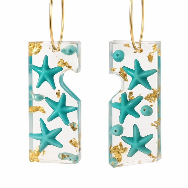Blue Starfish Rectangle Asymmetrical Resin Earrings with Gold Leaf Hoops