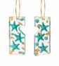 Blue Starfish Rectangle Asymmetrical Resin Earrings with Gold Leaf Hoops