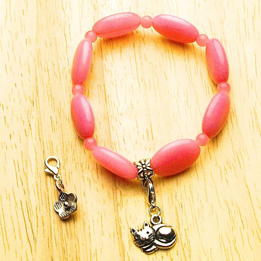 Pink Morganite Bracelet with Cat and Flower Charms - UK Free Post