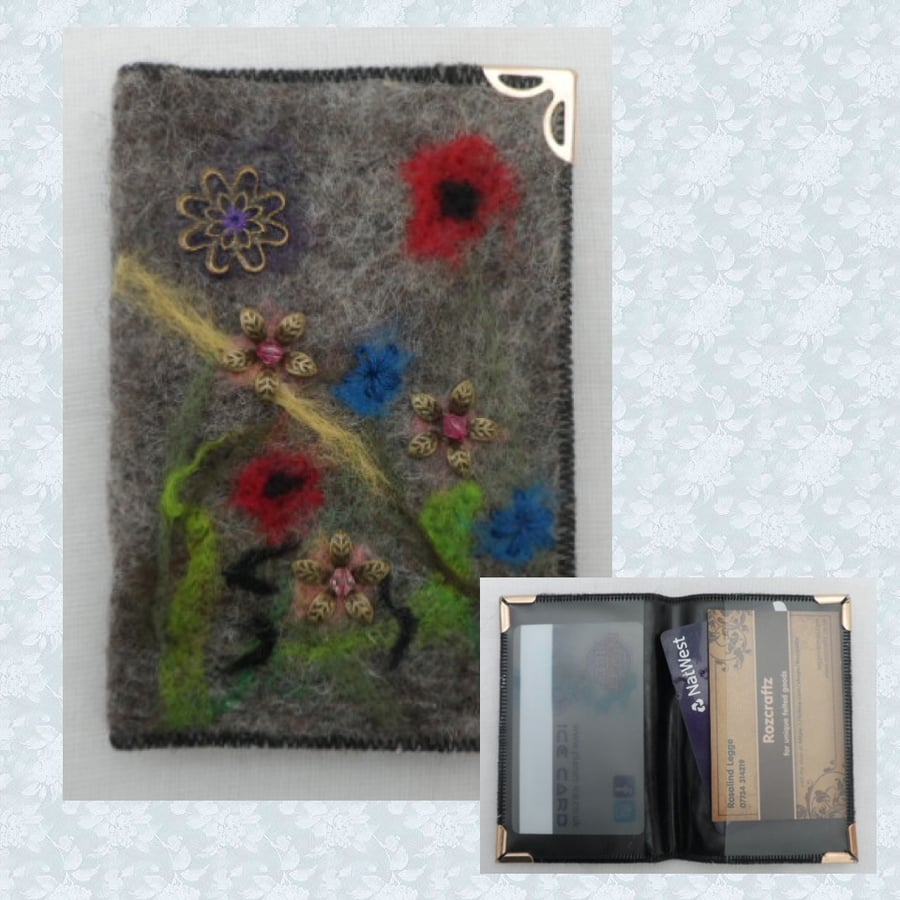 Business, ID, credit card holder, grey with beaded flowers