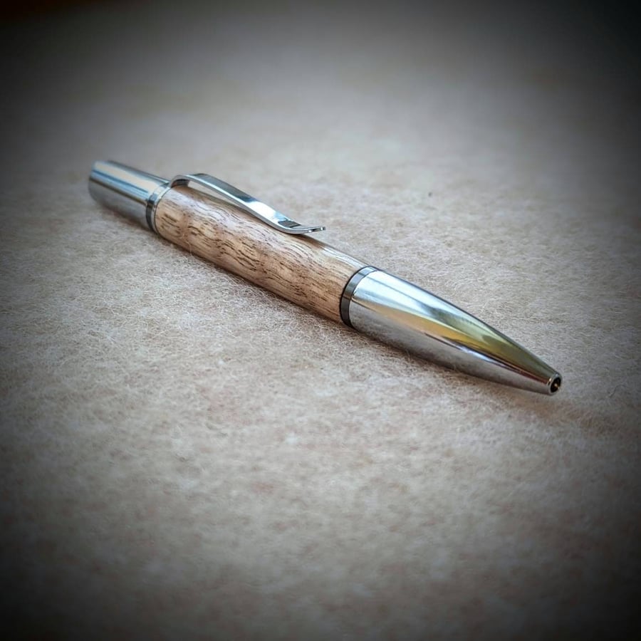 Handmade Tasmanian oak Ares ballpoint wooden pen with chrome fittings