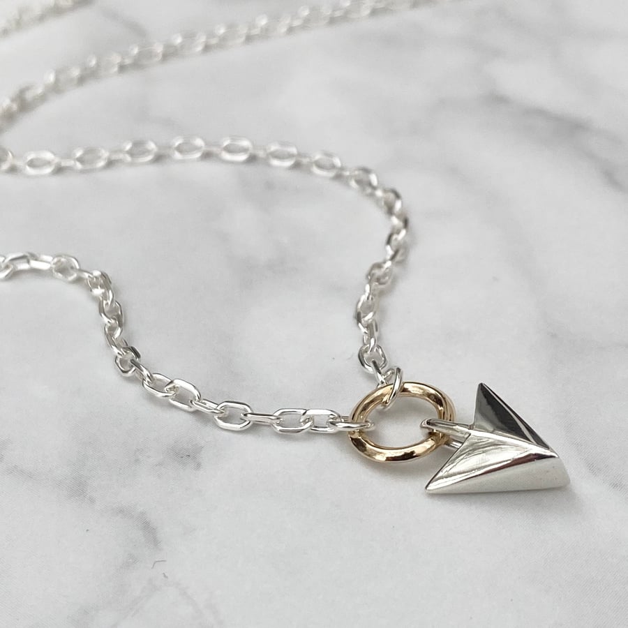 Handmade sterling silver small arrow pendant 9ct gold loop chain necklace