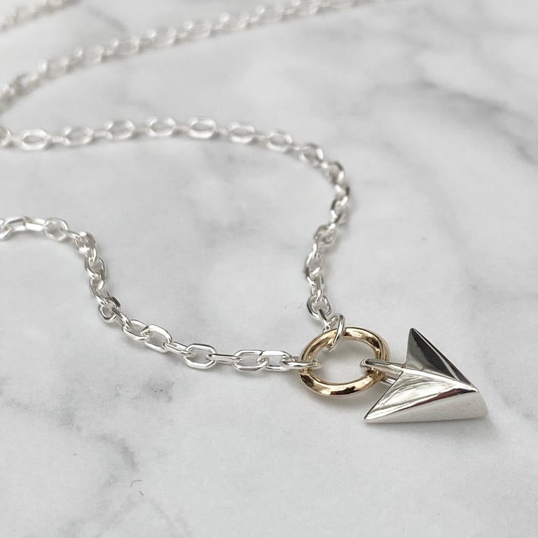 Handmade sterling silver small arrow pendant 9ct gold loop chain necklace
