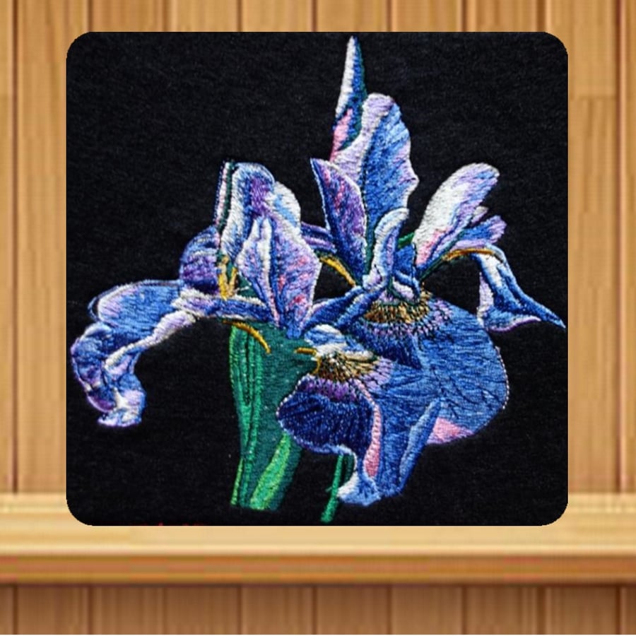 Handmade iris floral greetings card embroidered design
