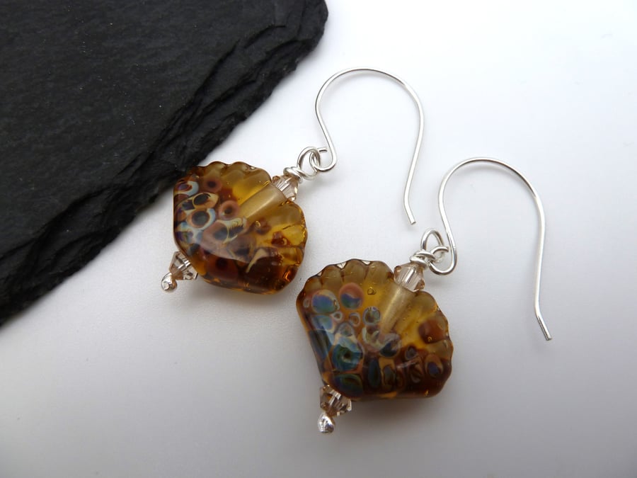 sterling silver earrings, lampwork glass shells