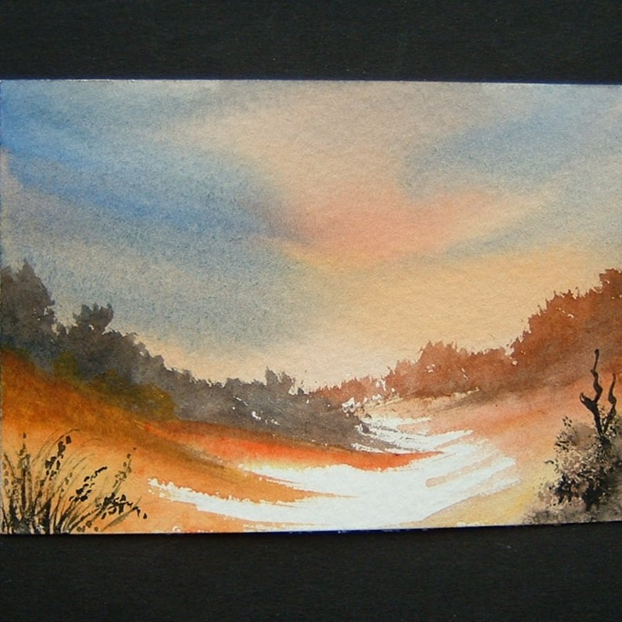 aceo SFA original art watercolour painting landscape sunset sky 66