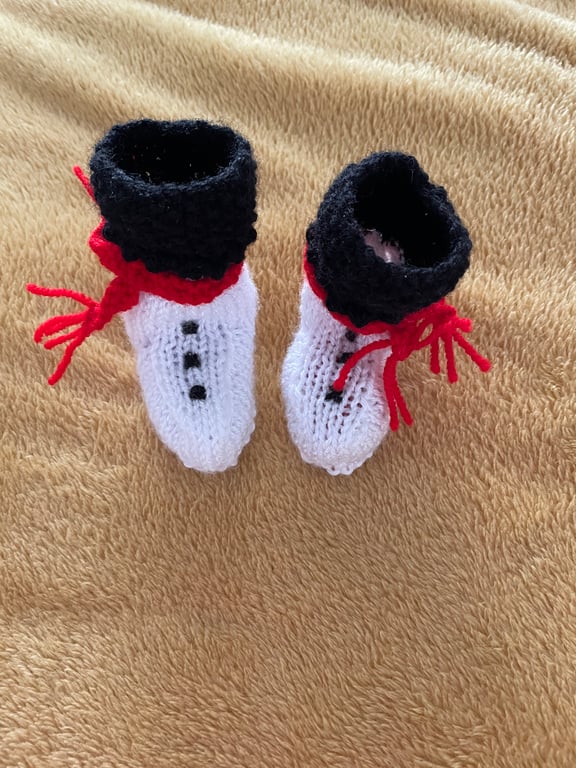 Hand knitted novelty snowman bootees
