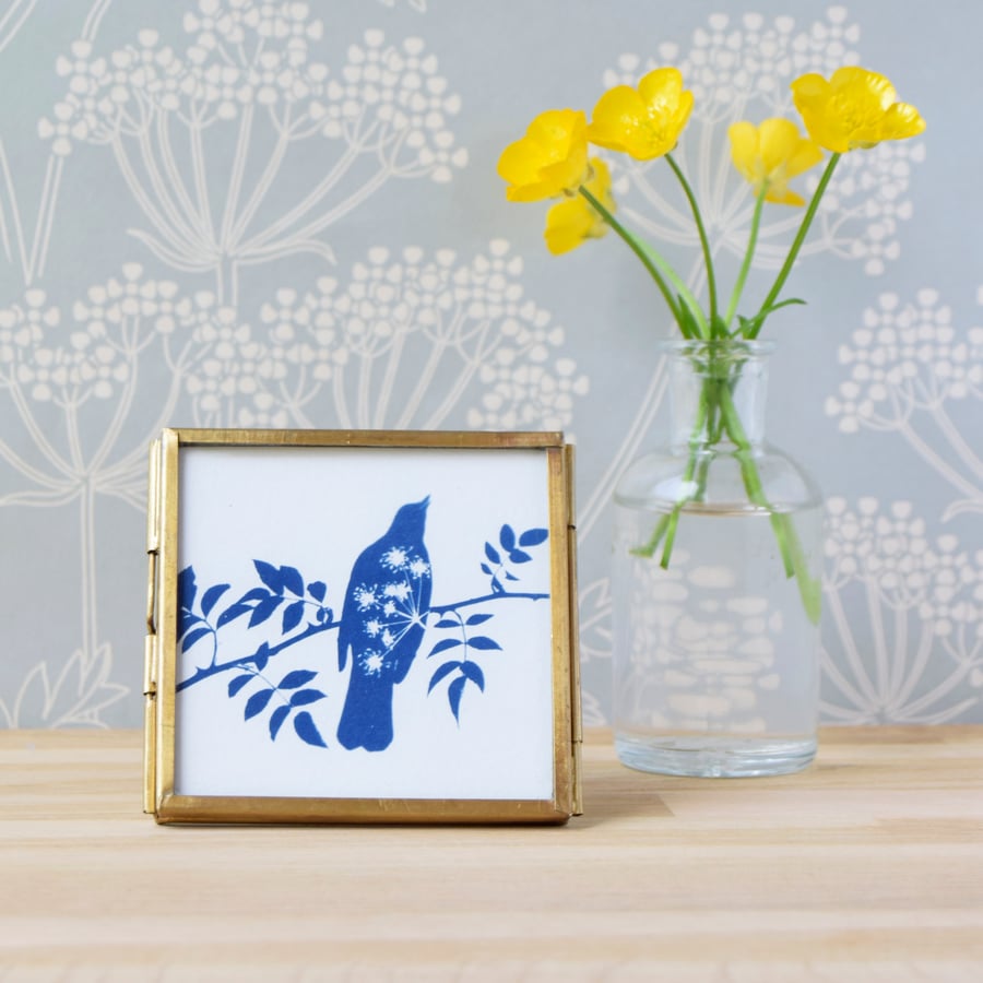 Blackbird and Cow Parsley Blue and White Cyanotype Art in Gold Edged Glass Frame