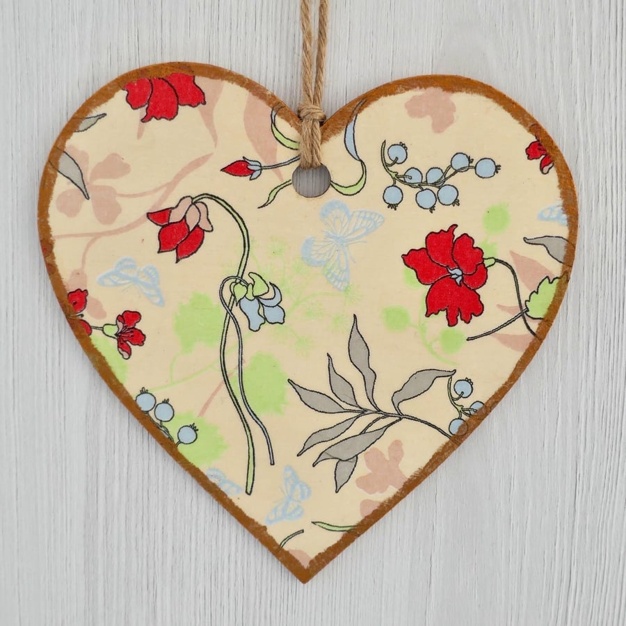 Decoupaged Wooden Hanging Heart 15cm (6”): Red Flower design