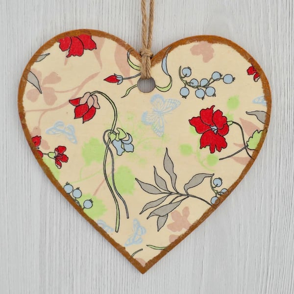 Decoupaged Wooden Hanging Heart 15cm (6”): Red Flower design