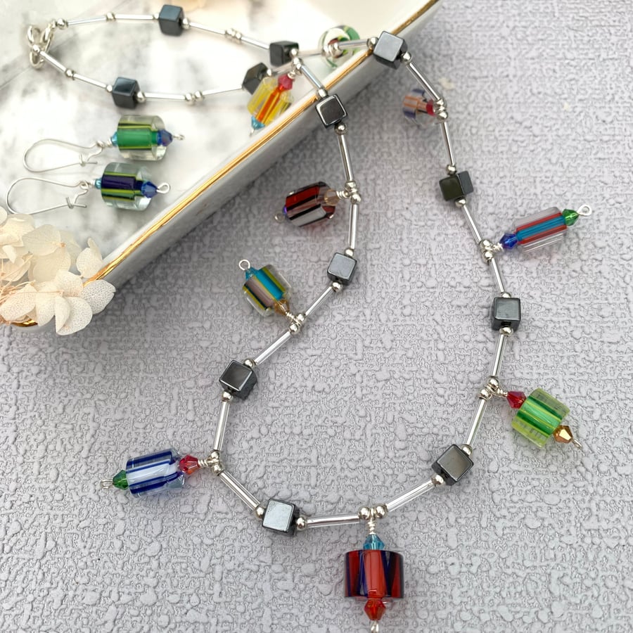 Czech Cane Glass and Hematite Bead Boho Necklace Set