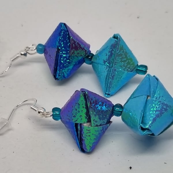 Origami earrings:  light and dark blue iridescent paper and small beads 