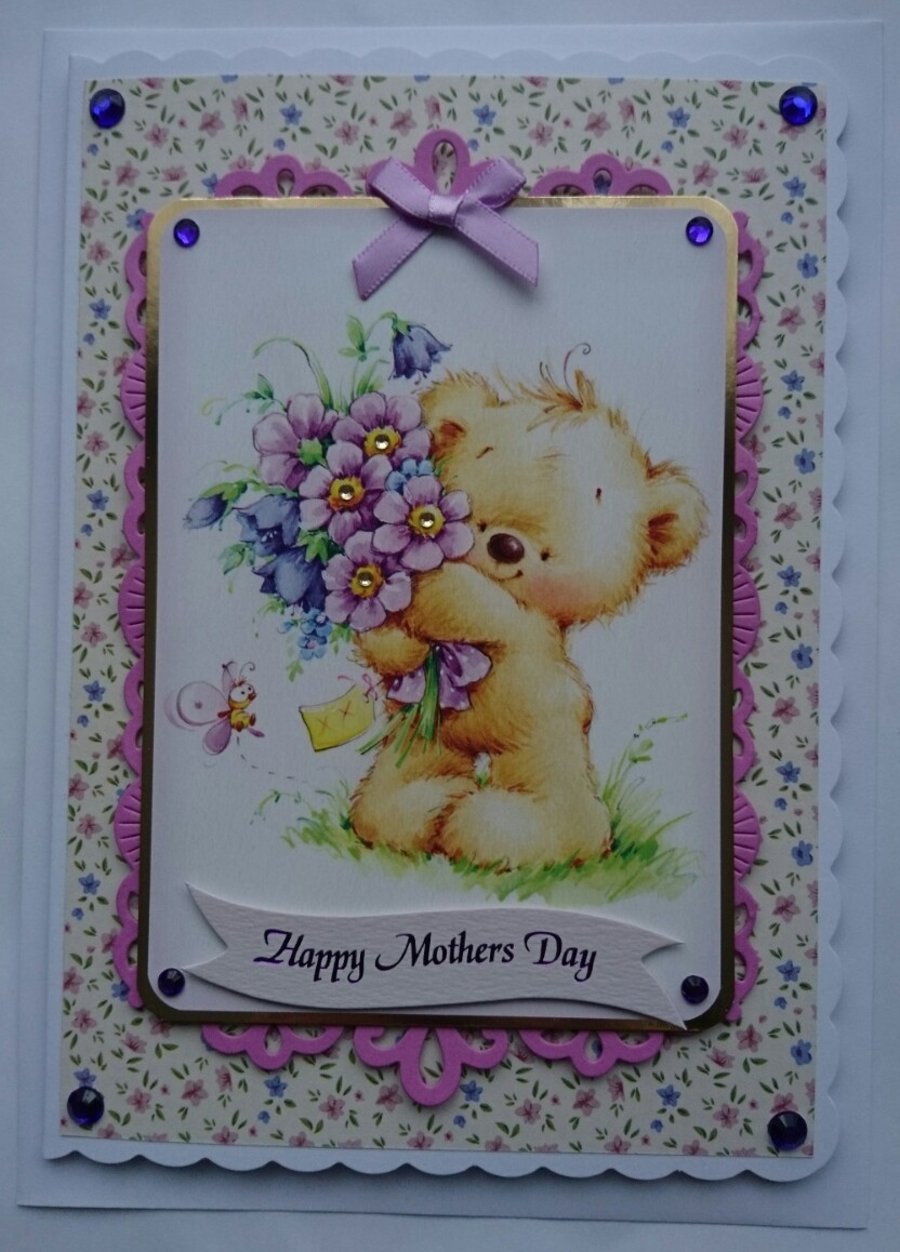 Happy Mother's Day Card Cute Teddy Bear with Flowers 3D Luxury Handmade
